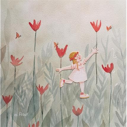 Peinture La chasse aux papillons par Marjoline Fleur | Tableau Art naïf Aquarelle Scènes de vie