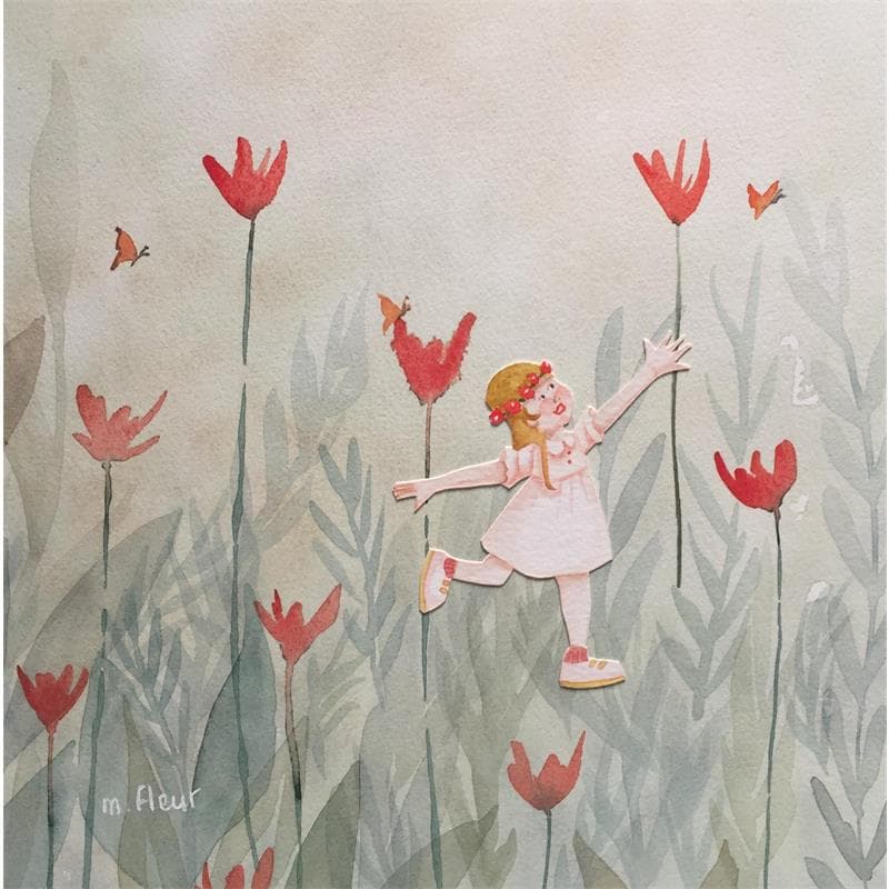 Peinture La chasse aux papillons par Marjoline Fleur | Tableau Art naïf Scènes de vie Aquarelle