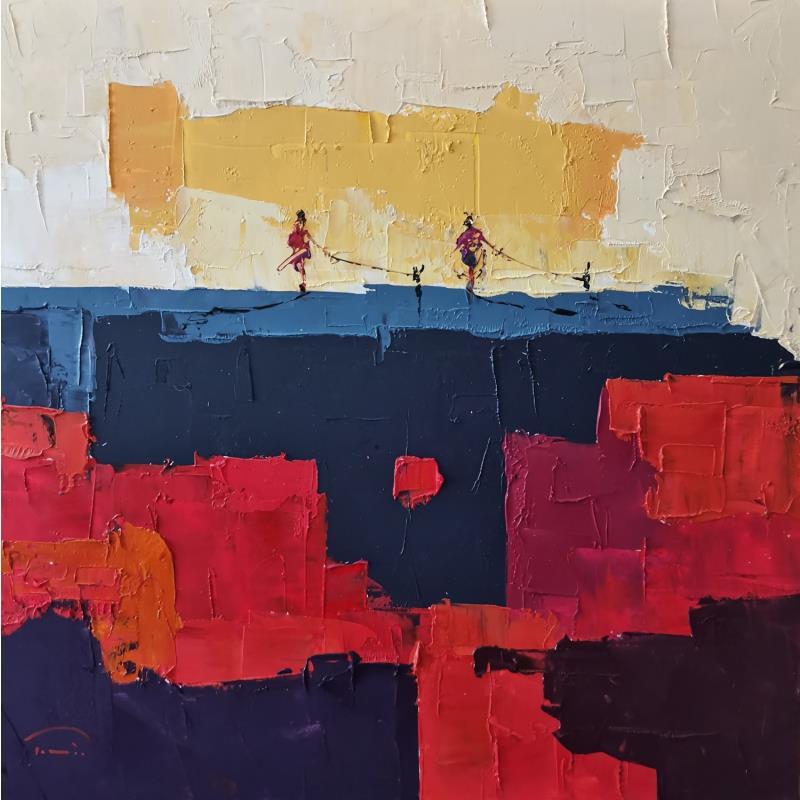 Peinture Paysage avec nuages jaunes par Tomàs | Tableau Abstrait Paysages Scènes de vie Huile