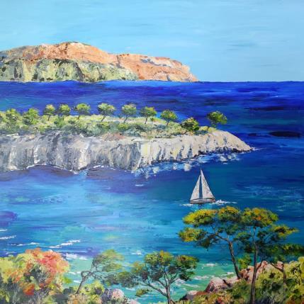 Peinture Voyage dans les calanques, Port-Pin par Rey Ewa | Tableau Figuratif Acrylique Paysages