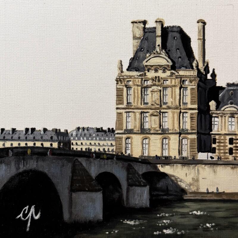 Peinture Le Louvre et le pont par Poulain Clément | Tableau Figuratif Urbain Architecture Huile