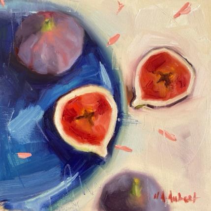 Peinture Figues sur une assiette bleue par Aubert Nawel | Tableau Figuratif Huile Natures mortes