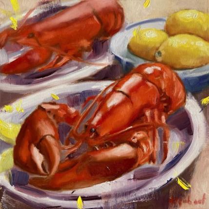 Peinture Homards et citrons  par Aubert Nawel | Tableau Figuratif Huile Natures mortes