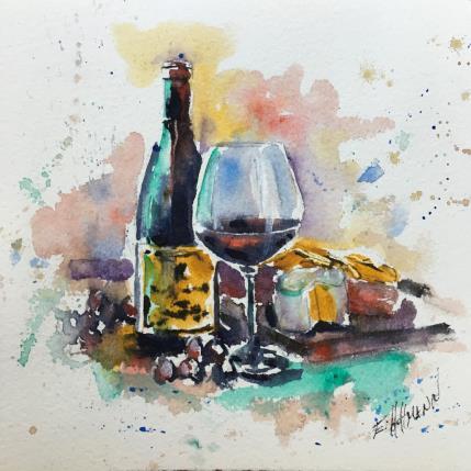 Gemälde Fromage et vin rouge von Hoffmann Elisabeth | Gemälde Figurativ Aquarell Alltagsszenen, Stillleben