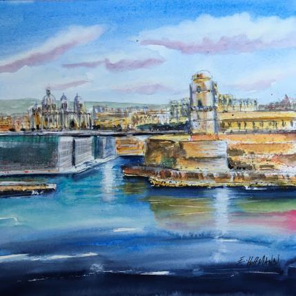 Peinture  Fort St Jean à Marseille  par Hoffmann Elisabeth | Tableau Figuratif Aquarelle Marine, Urbain