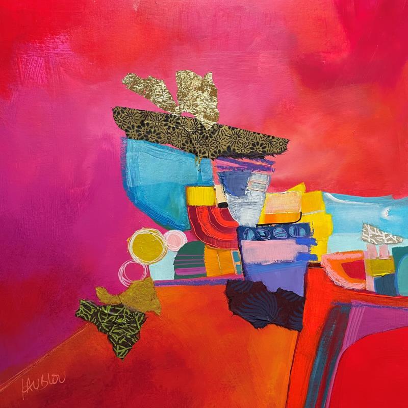 Peinture Le village de St Firmin par Lau Blou | Tableau Abstrait Paysages Carton Acrylique Collage Feuille d'or