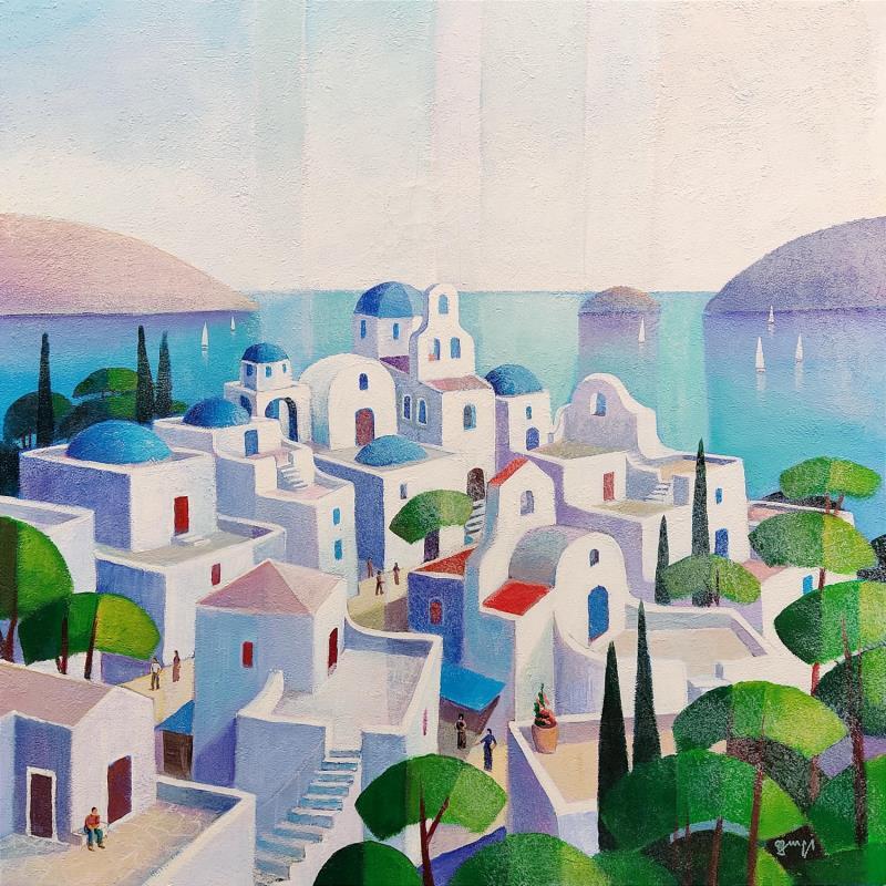 Peinture Village Grec AP 128 par Burgi Roger | Tableau Figuratif Paysages Urbain Acrylique