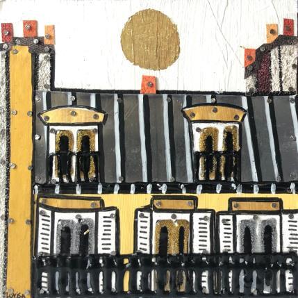 Painting Sous le même toit by Lovisa | Painting Figurative Acrylic, Gluing, Gold leaf, Posca, Upcycling, Wood Urban