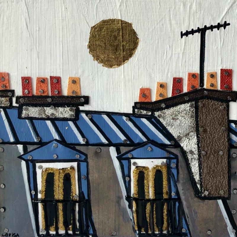 Peinture Sous le ciel par Lovisa | Tableau Figuratif Urbain Bois Acrylique Collage Posca Feuille d'or Upcycling