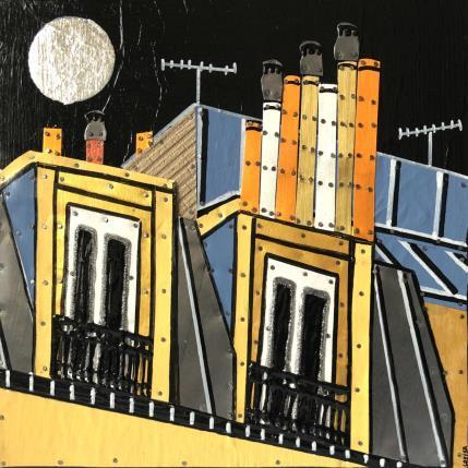 Peinture Incliné par Lovisa | Tableau Figuratif Acrylique, Collage, Feuille d'argent, Posca, Upcycling Urbain