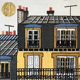 Peinture Parisien par Lovisa | Tableau Figuratif Acrylique, Collage, Feuille d'or, Posca, Upcycling Urbain