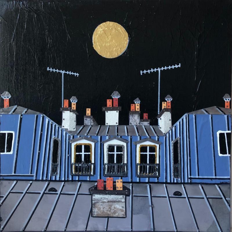 Painting La ville dort by Lovisa | Painting Figurative Urban Acrylic Gluing Posca Gold leaf Upcycling