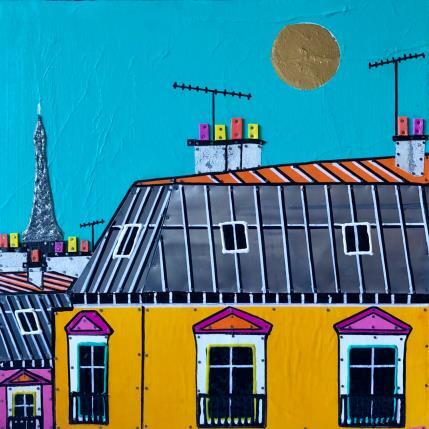 Painting Vacances à Paris by Lovisa | Painting Figurative Acrylic, Gluing, Gold leaf, Posca, Upcycling, Wood Urban