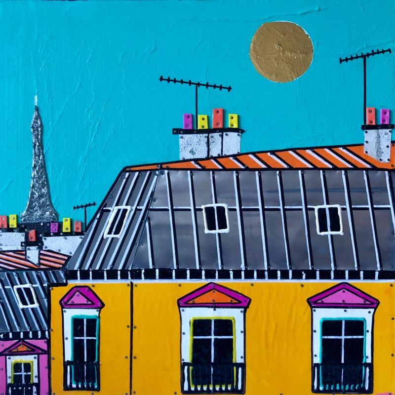 Gemälde Vacances à Paris von Lovisa | Gemälde Figurativ Urban Holz Acryl Collage Posca Blattgold Upcycling