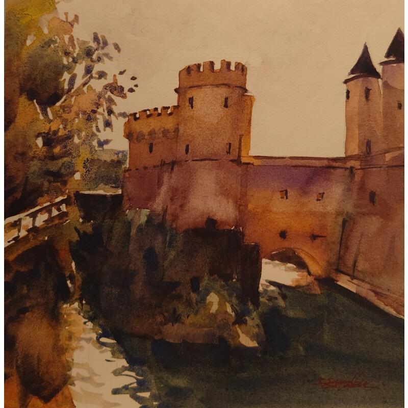 Peinture Au pied de la tour  par Seruch Capouillez Isabelle | Tableau Figuratif Urbain Aquarelle