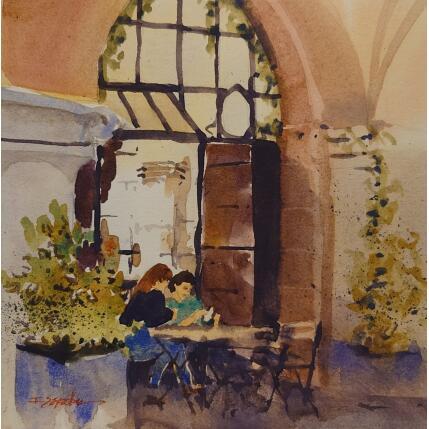 Gemälde Au coffee shop von Seruch Capouillez Isabelle | Gemälde Figurativ Aquarell Urban