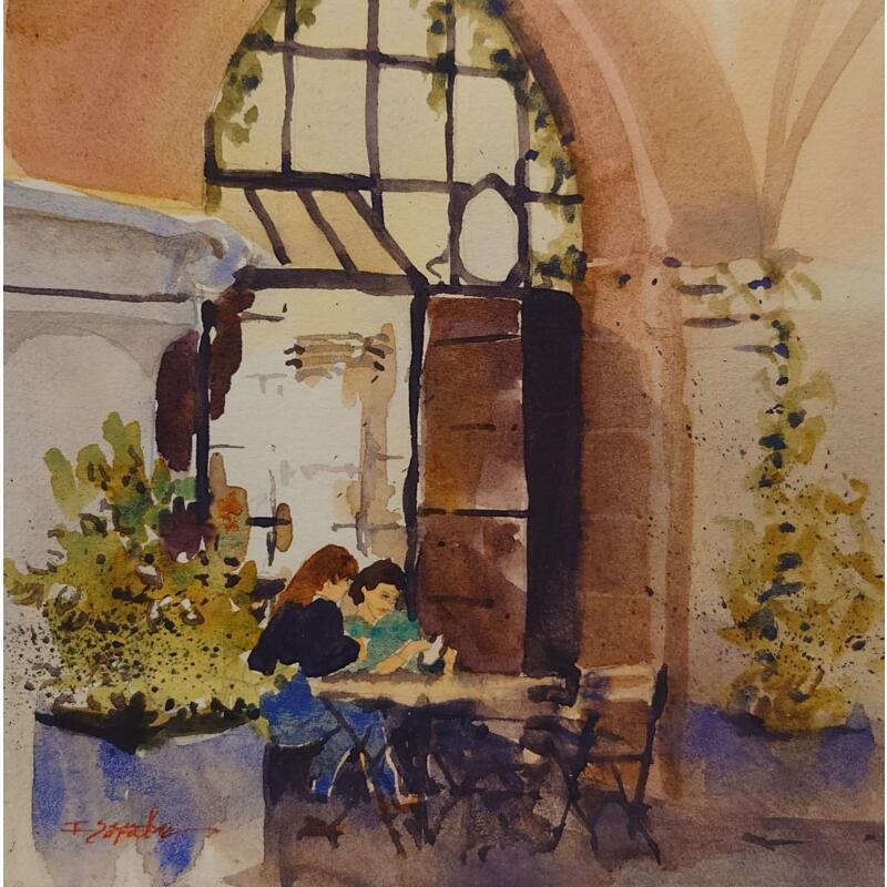 Gemälde Au coffee shop von Seruch Capouillez Isabelle | Gemälde Figurativ Urban Aquarell