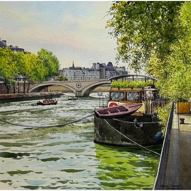Peinture Paris, l'ile St Louis par Decoudun Jean charles | Tableau Figuratif Urbain Aquarelle
