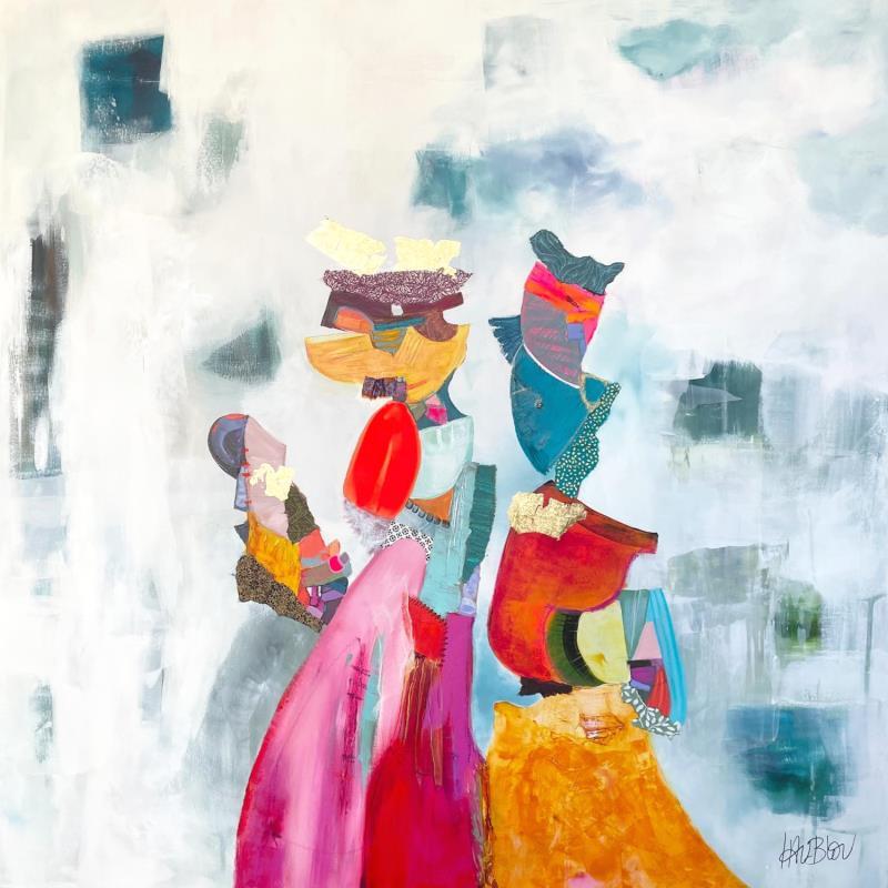 Peinture la porteuse du bonheur  par Lau Blou | Tableau Abstrait Portraits Acrylique Collage Pastel Feuille d'or