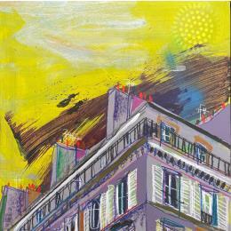 Peinture D'un coup le ciel trouve son jaune par Anicet Olivier | Tableau Figuratif Acrylique, Pastel Architecture, Urbain