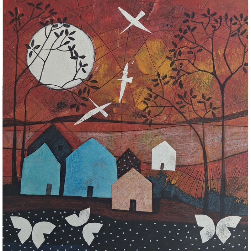 Gemälde Pajaros de la noche von Arias Parera Almudena | Gemälde Naive Kunst Acryl Collage