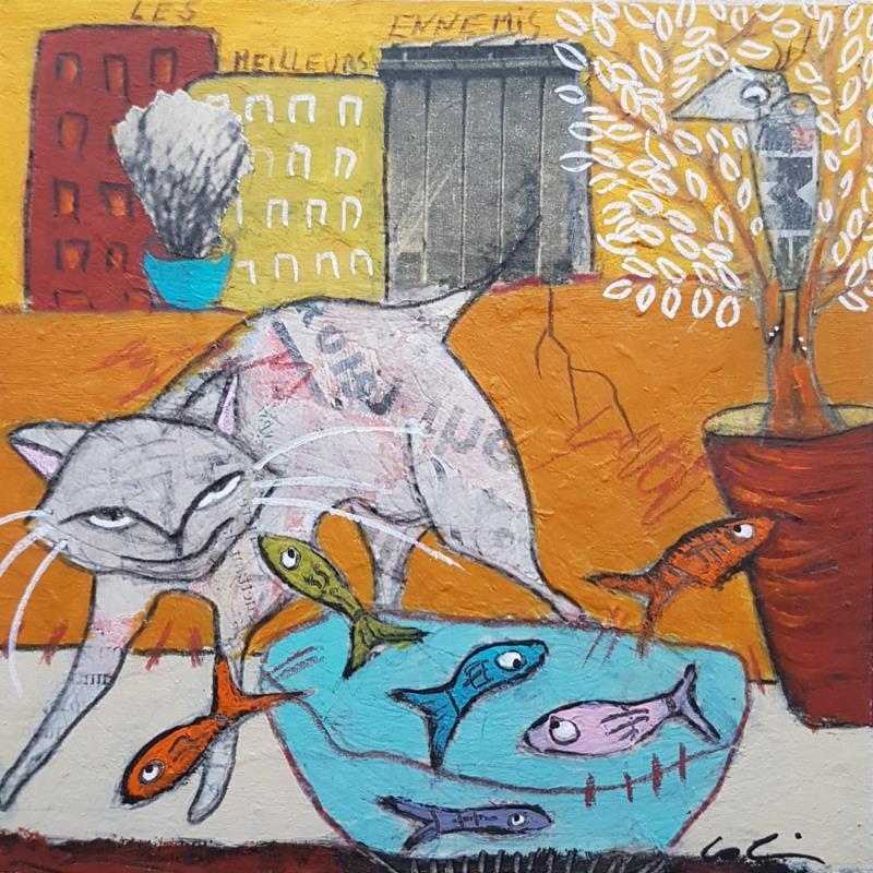 Pintura Les meilleurs ennemis #2 por Colin Sylvie | Pintura Arte bruto Animales Acrílico Collage Pastel