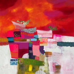 Peinture Rivière cachée par Lau Blou | Tableau Abstrait Acrylique, Carton, Collage, Feuille d'or, Papier, Pastel Paysages