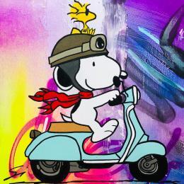 Peinture SNOOPY IN VESPA par Mestres Sergi | Tableau Pop-art Acrylique, Graffiti Icones Pop