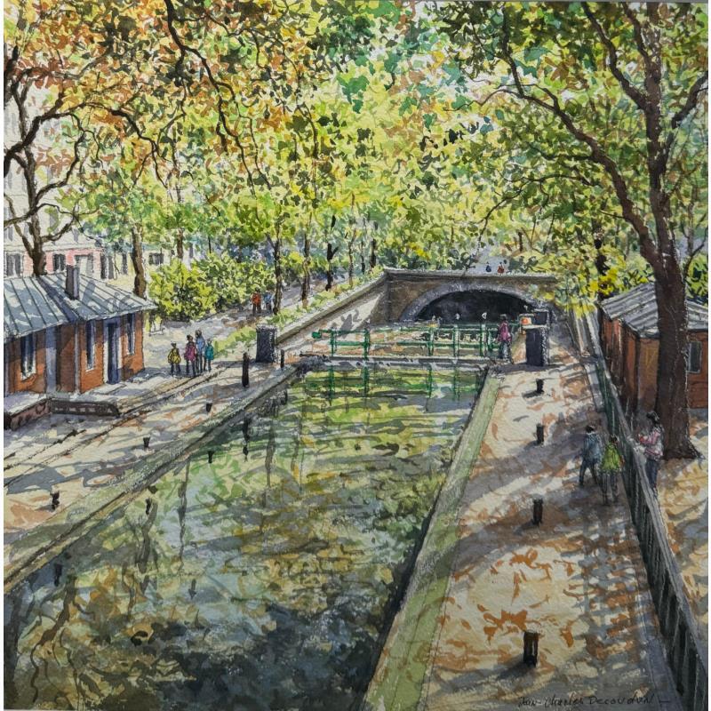 Gemälde Le Canal St Martin von Decoudun Jean charles | Gemälde Figurativ Urban Aquarell
