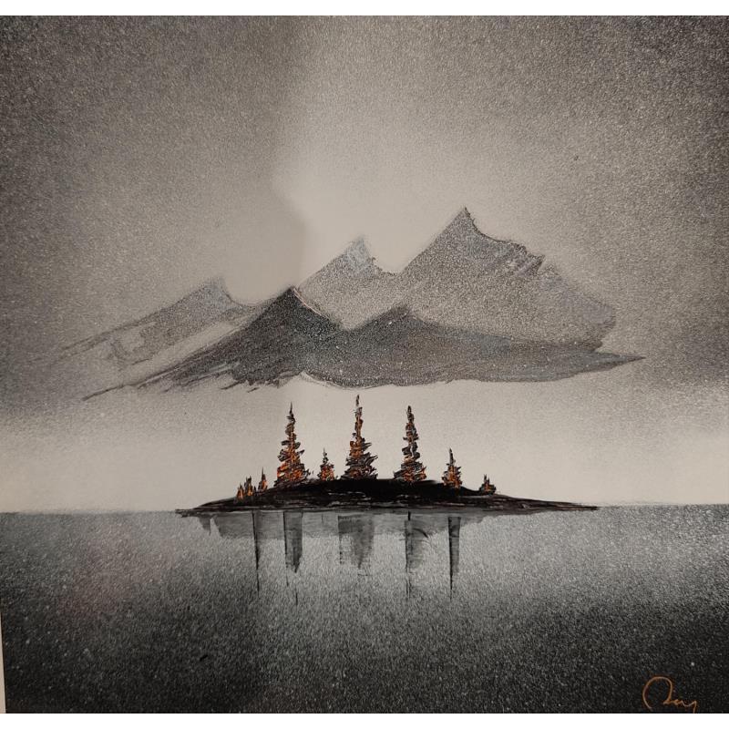 Peinture White Winter par Rey Julien | Tableau Figuratif Paysages Nature Noir & blanc Feuille d'or Laque