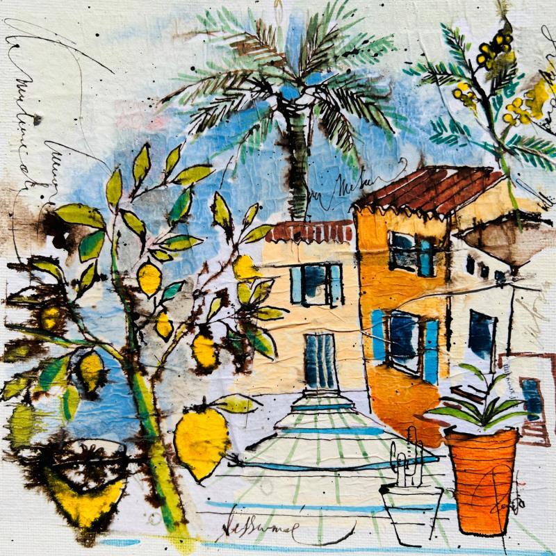 Peinture Citrons et mimosas par Colombo Cécile | Tableau Art naïf Paysages Nature Scènes de vie Aquarelle Acrylique Collage Encre Pastel