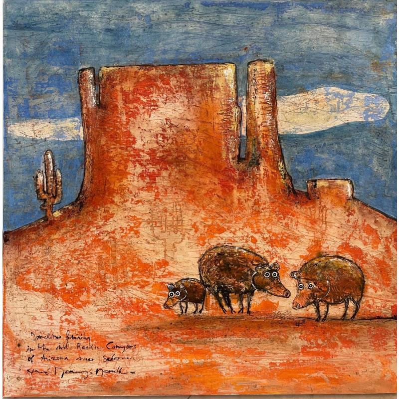 Painting Javelina Family in the Red Rock Canyon of Sedona, Arizona by Maury Hervé | Painting Raw art Animals Posca Sand Pigments