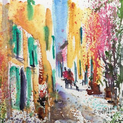 Peinture Ruelle aux bougainvilliers par Hoffmann Elisabeth | Tableau Figuratif Aquarelle Scènes de vie, Urbain