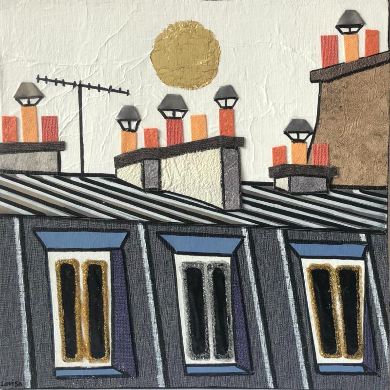 Peinture Au Petit Matin par Lovisa | Tableau Figuratif Urbain Acrylique Collage Posca Feuille d'or Upcycling