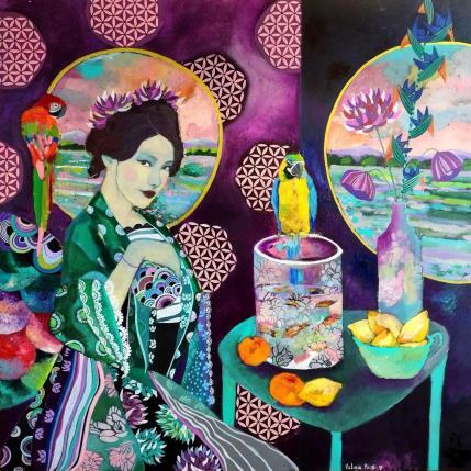 Painting Geisha intérieur pourpre aux perroquets by Picini Victoria | Painting Figurative Acrylic, Gluing Landscapes, Portrait, Still-life