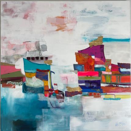 Painting Sur les bords du lac by Lau Blou | Painting Abstract Acrylic, Cardboard, Gluing, Gold leaf, Pastel Landscapes