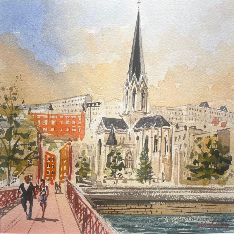 Pintura Une promenade sur le pont por De León Lévi Marcelo | Pintura Figurativo Urbano Acuarela