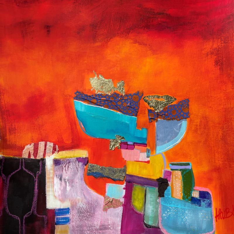 Peinture Barque bleue en suspension par Lau Blou | Tableau Abstrait Paysages Acrylique Collage Pastel Feuille d'or Papier