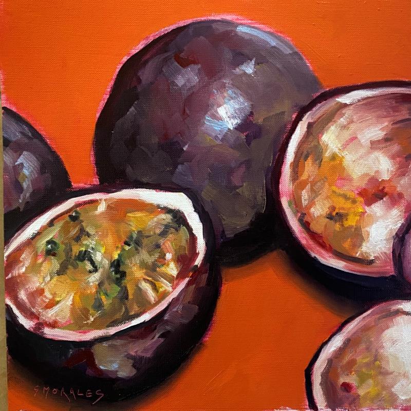 Peinture fruits de la passion gros plan  par Morales Géraldine | Tableau Figuratif Natures mortes Huile