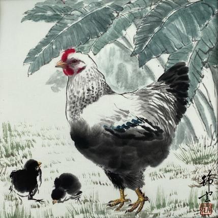 Peinture Poule et poussins par Tayun | Tableau Figuratif Encre Animaux