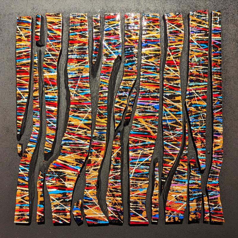 Peinture Bc15 fine oblique or bleu rouge par Langeron Luc | Tableau Matiérisme Bois Acrylique Résine