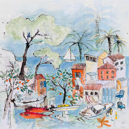 Painting Mer menthe à l' eau by Colombo Cécile | Painting Figurative Acrylic, Gluing, Ink, Pastel, Watercolor Landscapes, Life style