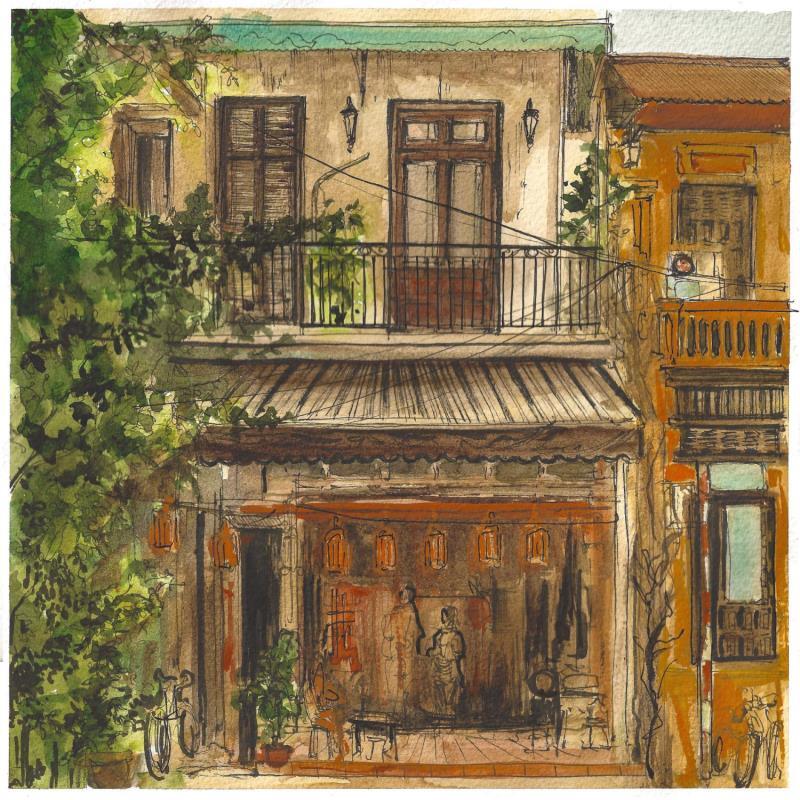 Gemälde Café vietnamien von Sorokopud Angelina | Gemälde Realismus Urban Sport Aquarell