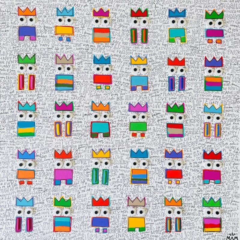 Peinture HAPPY TRIBU par Mam | Tableau Pop-art Société Icones Pop Noir & blanc Acrylique