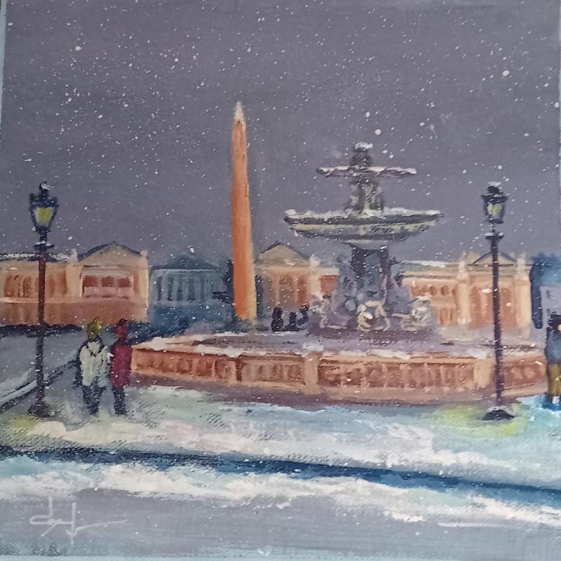 Peinture Soirée neigeuse Place Vendôme  par Degabriel Véronique | Tableau Impressionnisme Paysages Urbain Scènes de vie Huile