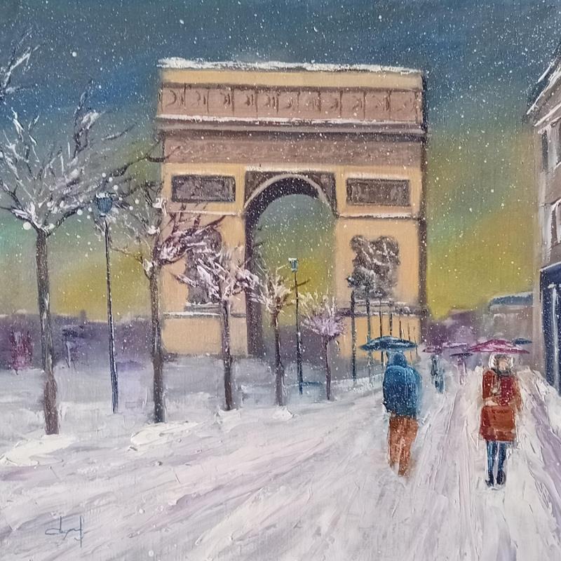 Peinture Superbe!il neige à Paris par Degabriel Véronique | Tableau Figuratif Paysages Urbain Scènes de vie Huile