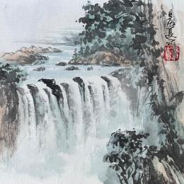 Painting Waterfall 2 by Yu Huan Huan | Painting Figurative Ink Black & White, Landscapes, Pop icons