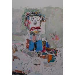 Peinture Bavardage avec l'oiseau par De Sousa Miguel | Tableau Art Singulier Acrylique, Carton, Collage, Huile, Papier Animaux, Enfant, Portraits