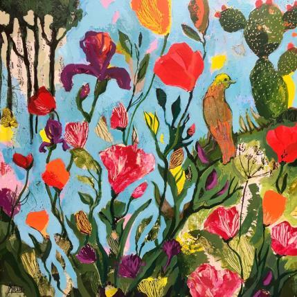 Peinture L’oiseau doré parmi les fleurs par Bertre Flandrin Marie-Liesse | Tableau Figuratif Acrylique, Collage Animaux, Nature