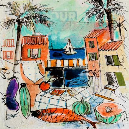 Painting L' heure du marché by Colombo Cécile | Painting Naive art Acrylic, Gluing, Ink, Pastel, Watercolor Landscapes, Life style, Pop icons